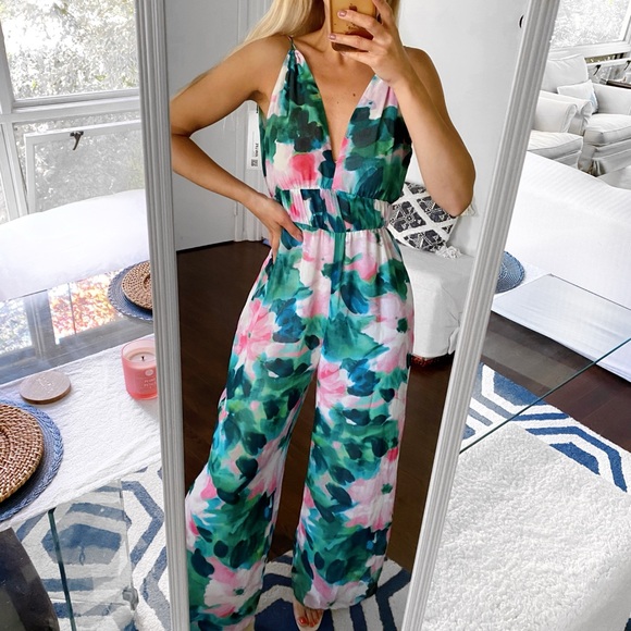 🦚 ZARA BOHO GREEN PINK MULTI FLORAL WIDE LEG JUMPSUIT! - Picture 1 of 16